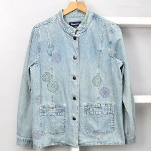 Denim & Co Vintage Y2K Denim Floral Embroidered Utility Jean Jacket Size Medium